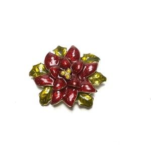 Signed Haskell Holiday Poinsettia Brooch Pin Red Green Enamel Gold Christmas